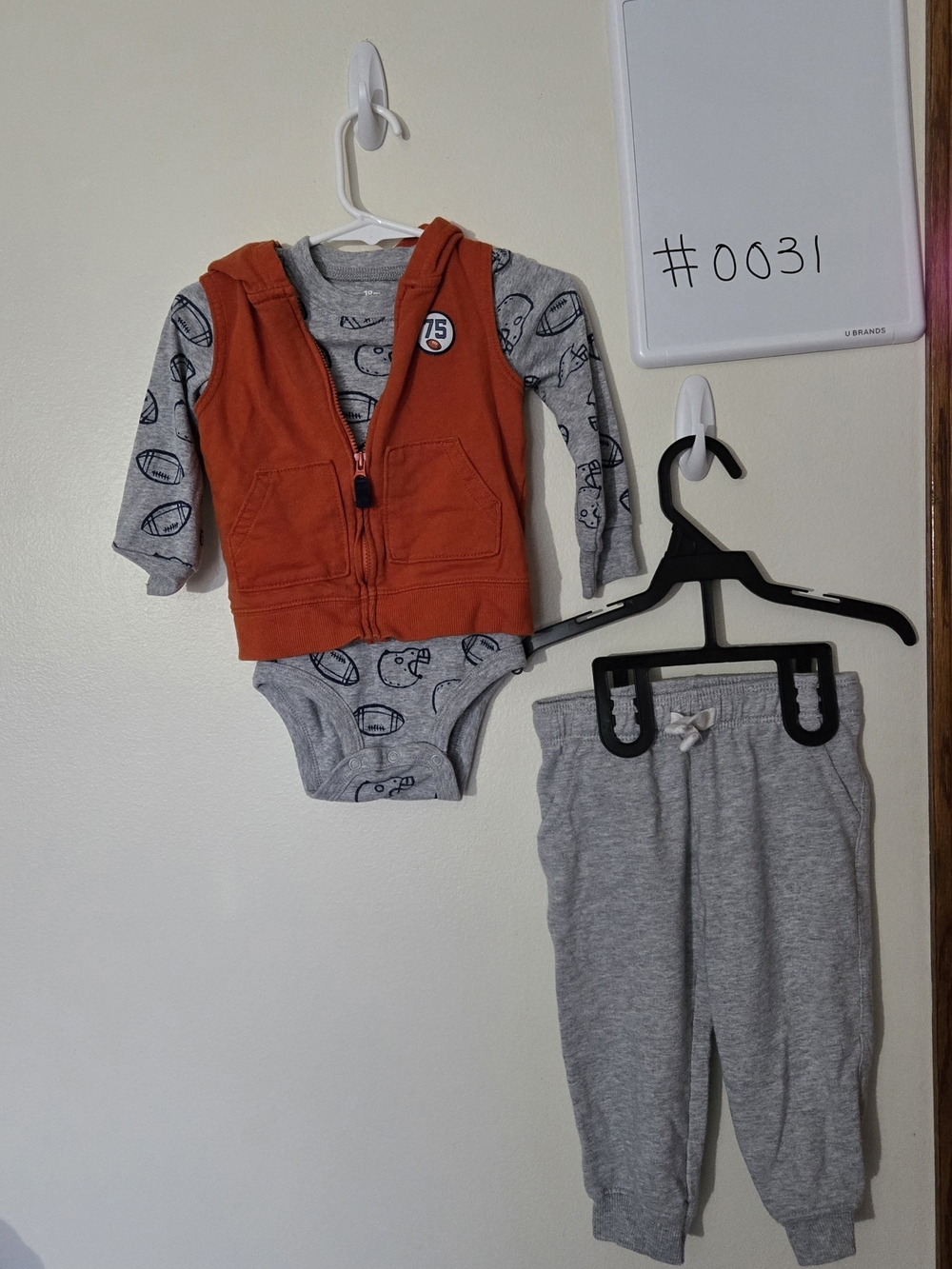 Carter's 18M Orange Hooded Vest with Gray Football-Print Bodysuit & Pants #0031